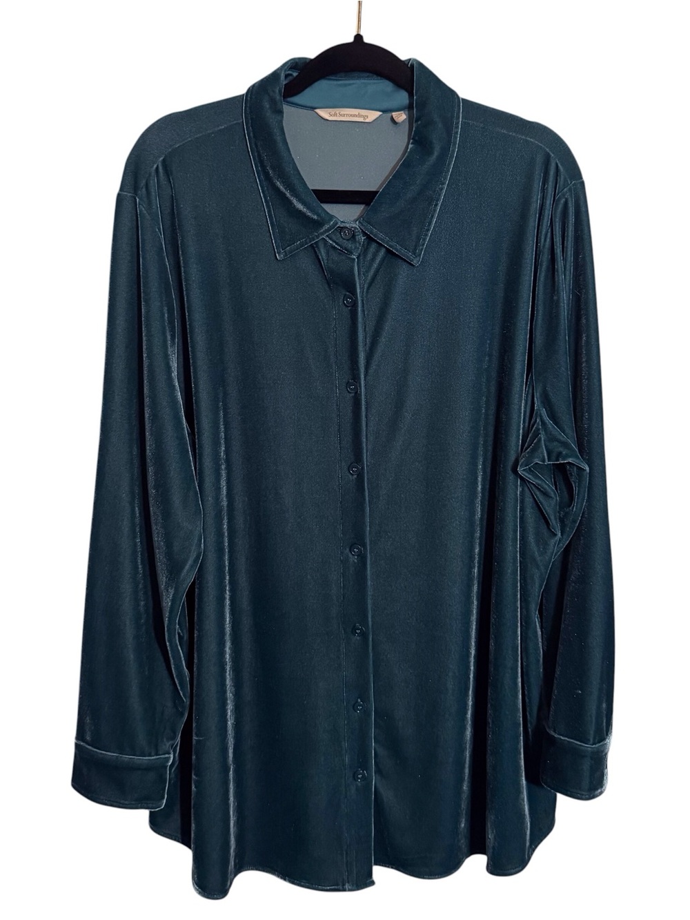 Soft Surroundings Size 2X Green Velvet Boyfriend Top Button Up Long Sleeve Boho